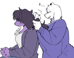 2girls animal_ears blush claws colored_skin deltarune dress furry furry_female glasses goat_ears goat_horns hair_tie horns miz7xf multiple_girls musical_note own_hands_together purple_skin simple_background sitting susie_(deltarune) sweatdrop toriel turtleneck turtleneck_dress tying_another&#039;s_hair