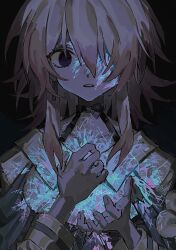 1girl black_choker blue_jacket bra_strap choker chuni_man collarbone commentary crystal earrings flower_ornament hand_on_own_chest hand_up highres honkai:_star_rail honkai_(series) jacket jewelry long_sleeves march_7th_(honkai:_star_rail) march_7th_(preservation)_(honkai:_star_rail) medium_hair off-shoulder_jacket off_shoulder open_hand parted_lips pink_hair shirt single_earring solo twitter_username white_shirt