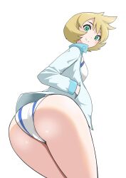 1girl ass blonde_hair blush breasts closed_mouth competition_swimsuit eyelashes female_focus from_behind green_eyes gym_leader hand_in_pocket hands_in_pockets highres jacket legs long_sleeves looking_at_viewer looking_back looking_down microsd_(pibo) misty_(pokemon) nintendo one-piece_swimsuit open_clothes open_jacket orange_hair pokemon pokemon_hgss shirt short_hair sitting smile solo standing swimsuit swimsuit_under_clothes thighs white_jacket white_one-piece_swimsuit