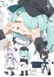 1boy 3girls :&lt; absurdres aqua_hair atsuko_(blue_archive) belly_grab black_hair black_shoes blue_archive breasts cheek_pinching closed_eyes doodle_sensei_(blue_archive) fim-92_stinger flying_sweatdrops hair_over_one_eye halo hat head_bump highres hiyori_(blue_archive) hood hood_up long_hair long_sleeves mask mask_pull maton_3110 misaki_(blue_archive) multiple_girls navel open_mouth pinching purple_eyes purple_hair red_eyes rocket_launcher sensei_(blue_archive) shoes side_ponytail socks translation_request weapon