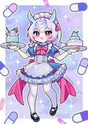 1girl :d adapted_costume animal_ears apron artist_name back_bow black_shoes blue_dress blue_hair border bow bowtie brooch buttons cake colored_tips colorful_background double-breasted dress drinking_straw food frilled_apron frilled_dress frills frostfeuer full_body genshin_impact hair_between_eyes hair_ornament heart heart_brooch highres holding holding_plate jewelry long_hair looking_at_viewer low_twintails maid maid_apron maid_headdress mary_janes milkshake multicolored_hair open_mouth outline outside_border pill pink_bow pink_bowtie pink_eyes pink_hair plate pom_pom_(clothes) pom_pom_hair_ornament rabbit_ears shoes short_twintails sidelocks sigewinne_(genshin_impact) simple_background smile solo tachi-e twintails two-tone_hair white_apron white_border white_outline white_wrist_cuffs wrist_cuffs