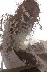 1boy 1girl aleph_(reverse:1999) black_mask cape closed_eyes covered_face crying facing_another gloves hand_on_another&#039;s_shoulder long_hair lying_on_another muted_color oji-sama_(ochi4t) recoleta_(reverse:1999) red_gloves red_hair reverse:1999 shirt upper_body white_shirt