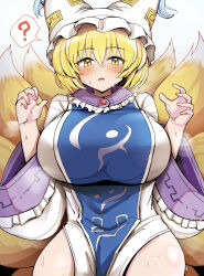 1girl ? arms_up blonde_hair blue_tabard blush breasts collar commentary cowboy_shot crossed_bangs diz_(diznaoto) fox_girl fox_tail frilled_collar frills hair_between_eyes hat highres huge_breasts light_frown long_sleeves mob_cap multiple_tails ofuda open_mouth purple_collar shirt short_hair simple_background solo speech_bubble spoken_question_mark sweat tabard tail thighs touhou white_background white_hat white_shirt wide_sleeves yakumo_ran yellow_eyes
