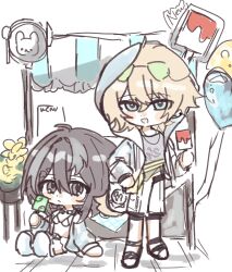 Rule 34 | 1boy, 1girl, animal ears, anklet, arknights, bag, balloon, belt, bikini, black eyes, black hair, black shoes, blonde hair, blue eyes, blue vest, blush, chibi, dog ears, dog tail, ear piercing, english text, fanny pack, feather hair, flower, food, goggles, goggles around neck, green-tinted eyewear, grey shorts, hair between eyes, hand on own hip, hand up, heart balloon, highres, holding, holding food, holding popsicle, hood, hood up, hooded jacket, jacket, jacket on shoulders, jewelry, la pluma (arknights), la pluma (summer flowers) (arknights), light frown, looking at viewer, multiple necklaces, necklace, open clothes, open jacket, open mouth, piercing, plant, popsicle, rabbit, sandals, shoes, shorts, sidelocks, sitting, standing, step-siblings, sunglasses, swimsuit, tail, tequila (arknights), thigh strap, tinted eyewear, umogame, vest, white background, white bikini, white shoes, yellow belt, yellow flower