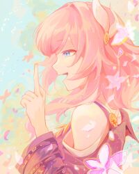Rule 34 | 1girl, blue eyes, blue sky, coat, commentary request, cyrene (honkai: star rail), from side, hair ornament, highres, honkai: star rail, honkai (series), medium hair, open mouth, pink hair, purple coat, sky, solo, szpw nmh3, upper body