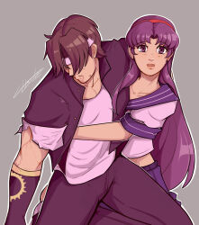 1boy 1girl asamiya_athena black_jacket brown_hair carrying carrying_person charlyarts hair_ornament highres hurt idol injury jacket kusanagi_kyou pachinko psycho_soldier purple_hair school_uniform snk star_(symbol) star_hair_ornament the_king_of_fighters the_king_of_fighters_&#039;96 worried_look
