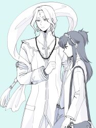 1boy 1girl ace_attorney ema_skye formal_clothes lab_coat looking_to_the_side monochrome nahyuta_sahdmadhi phoenix_wright:_ace_attorney_-_spirit_of_justice tonboganai