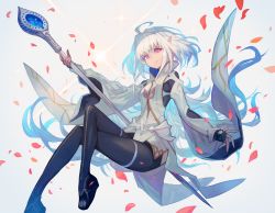 1girl ahoge black_gloves black_legwear commentary crossed_legs fate/grand_order fate/prototype fate_(series) fingerless_gloves gloves highres holding holding_staff invisible_chair lack long_hair merlin_(fate/prototype) merlin_(second_ascension)_(fate/prototype) petals pink_eyes pointy_ears robe sitting solo staff toeless_footwear very_long_hair white_hair