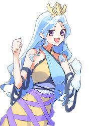 1girl blue_hair chirizuka_ubame crown elbow_gloves fossilized_wonders gloves highres kahayu4 long_hair looking_at_viewer purple_eyes single_glove smile solo touhou white_background white_gloves