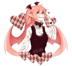 1girl 23i2ko black_dress demon_girl demon_wings dress funamusea haiiro_teien heart long_hair pink_hair pointy_ears ponytail rawberry_preserves solo white_dress wings