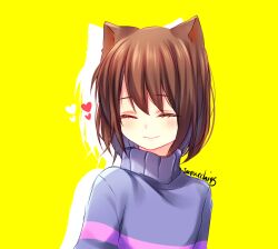 1other animal_ears arms_at_sides artist_name blue_hair blue_sweater blush brown_hair cat_ears closed_eyes closed_mouth colored_inner_hair commentary english_commentary facing_ahead frisk_(undertale) heart kemonomimi_mode multicolored_hair other_focus painttool_sai_(medium) pink_sweater sasucchi95 short_hair simple_background smile solo striped_clothes striped_sweater sweater undertale upper_body yellow_background