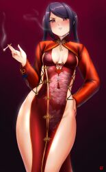 1girl absurdres breasts cigarette crimson_wings_(stellar_blade) cross-laced_clothes cross-laced_dress cross-laced_slit dress finalcake highres holding holding_cigarette jill_stingray long_hair long_sleeves looking_at_viewer medium_breasts pelvic_curtain purple_hair red_dress red_eyes sideless_dress smoke smoking solo stellar_blade twintails va-11_hall-a