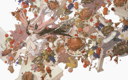 1girl absurdres alcohol apple apple_slice banana belt bracelet brown_wings candelabra candle candlestand chalice circe_(fate) cup dated fate/grand_order fate_(series) feathered_wings fish food fruit gold_belt gold_bracelet gold_necklace gold_shoes grapes grey_background grin hair_ornament highres holding holding_staff jewelry leaf lemon lemon_slice long_hair looking_at_viewer meat metabole_piglets nail_polish necklace orange_(fruit) orange_slice pear pig pink_eyes pink_hair pink_nails plate platform_sandals pointy_ears sandals shirt shoes skirt sleeveless sleeveless_shirt smile solo staff table thighlet toenail_polish toenails touka_(dokoka_me) white_shirt white_skirt wide_shot wine wing_hair_ornament wings