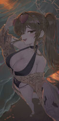 Rule 34 | 1girl, absurdres, angel wings, black one-piece swimsuit, blue archive, breasts, feathered wings, halo, highres, k.j., large breasts, long hair, low wings, nagisa (blue archive), nagisa (swimsuit) (blue archive), official alternate costume, official alternate hairstyle, one-piece swimsuit, pov, pov hands, swimsuit, white wings, wings