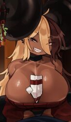 1boy 1girl ahoge aife_(zana) bare_shoulders between_breasts black_choker black_panties blonde_hair breast_focus breasts brown_hair choker christmas dark-skinned_female dark_skin earrings from_below girl_on_top hair_between_eyes head_tilt highres horn_ornament horns huge_breasts jewelry large_horns long_hair lying multicolored_hair on_back original panties pink_eyes pov red_sweater sexually_suggestive sharp_teeth shortstack sidelocks sitting sitting_on_person smile sweater tan tanline teeth thighs two-tone_hair underwear zanamaoria
