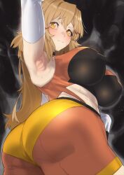 Rule 34 | 1girl, aged up, alternate hair length, alternate hairstyle, armpits, arms up, ass, bare shoulders, blush, bodystocking, breasts, character request, elbow gloves, gloves, haishima xv, highres, large breasts, light brown hair, long hair, looking at viewer, looking back, ponytail, senki zesshou symphogear, smile, solo, tachibana hibiki (symphogear), white gloves, yellow eyes