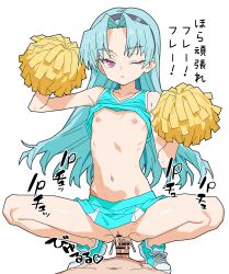 1boy 1girl blue_hair cheerleader cum cum_in_pussy expressionless flat_chest hetero highres long_hair looking_at_viewer matuo3232 miniskirt navel nipples one_eye_closed penis pink_eyes pom_pom_(cheerleading) rance_(series) sengoku_rance sex shinobu_(rance) shoes simple_background skirt sneakers solo_focus squatting_cowgirl_position translation_request vaginal white_background