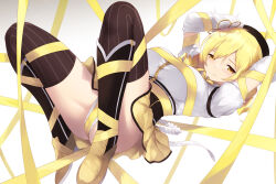 1girl arms_up blonde_hair breasts cait_aron large_breasts looking_at_viewer mahou_shoujo_madoka_magica mahou_shoujo_madoka_magica_(anime) shibari shirt skirt solo thighs tomoe_mami tomoe_mami_(magical_girl) upskirt white_background white_shirt yellow_eyes yellow_skirt