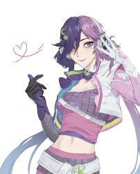 1girl 3aaaa64 absurdres choker crescent crescent_hair_ornament crop_top gloves hair_ornament hair_over_one_eye highres jacket long_hair looking_at_viewer luna_snow luna_snow_(mirae_2099) marvel marvel_rivals midriff multicolored_hair navel official_alternate_costume pink_eyes pink_hair pink_tank_top purple_hair smile snowflake_hair_ornament solo split-color_hair tank_top twintails two-tone_hair