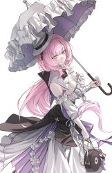 1girl bag blue_eyes breasts cleavage collar dress elysia_(honkai_impact) elysia_(sweet_memories)_(honkai_impact) hashtag-only_commentary hat highres holding holding_bag holding_umbrella honkai_(series) honkai_impact_3rd large_breasts long_hair neon_(pixiv_31150749) official_alternate_costume parasol parted_lips pink_hair pink_pupils sidelocks simple_background smile solo umbrella white_background white_collar white_dress white_hat