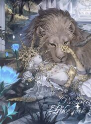 1boy afloat blue_flower brown_fur covered_eyes crown dark_souls_(series) dark_souls_i dark_sun_gwyndolin flower forked_tongue gold gold_crown highres kwiaty_k lion lying male_focus nipples on_back parted_lips snake sparkle tongue water watermark