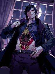 1boy artist_name belt black_belt black_hair black_jacket black_nails black_pants clenched_teeth commentary_request cowboy_shot curtains earrings extra_mouth gem gradient_hair grey_shirt highres jacket jewelry kamen_rider kamen_rider_gavv_(series) lango_stomach looking_at_viewer looking_down male_focus medium_hair monster_boy moon multicolored_hair multicolored_nails multiple_earrings multiple_rings night night_sky open_clothes open_shirt pants red_eyes red_gemstone red_hair red_nails ring sharp_teeth shirt sky solo stomach_mouth teeth tokusatsu toned toned_male twitter_username umihanaichige window