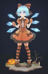 1girl alternate_costume animal bat_bowtie black_background black_bow black_thighhighs blue_eyes blue_hair boots bow brown_boots bush candle cirno collar dirt dress frog grass halloween hat highres ice ice_wings jack-o&#039;-lantern mittens mushroom orange_bow orange_dress orange_mittens orange_thighhighs puffy_short_sleeves puffy_sleeves pumpkin short_sleeves skull_ornament solo striped_bow striped_clothes striped_thighhighs thighhighs toorooo touhou white_collar wings witch_hat zettai_ryouiki