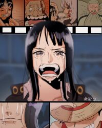 &gt;_&lt; 2girls 3boys aged_down black_hair blood blood_on_face blunt_bangs child clover_(one_piece) commentary crying crying_with_eyes_open feichangkou hat highres jaguar_d._saul medium_hair monkey_d._luffy mother_and_daughter multiple_boys multiple_girls nico_olvia nico_robin nico_robin_(water_7) old old_man one_piece open_mouth orange_hair round_teeth scar scar_on_face straw_hat tears teeth white_hair