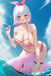 1girl armpits beach bikini blue_sky breasts cleavage copyright_request hair_ribbon highres kana_yukino large_breasts micro_bikini purple_eyes ribbon sky solo spread_legs swimsuit white_hair
