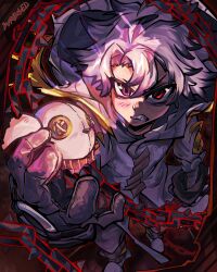 1boy black_hair blush colored_tips doll gachiakuta gloves grey_gloves highres hood hoodie looking_at_viewer male_focus multicolored_hair pants red_eyes rudo_surebrec sharp_teeth shoes short_hair solo spiked_hair teeth two-tone_hair white_hair white_hoodie white_pants white_shoes wreckedmonger