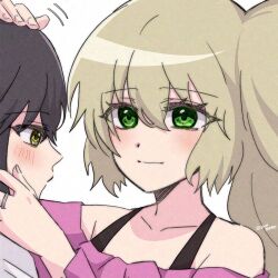 Rule 34 | 2girls, absurdres, amai yume, black hair, face-to-face, green eyes, highres, jewelry, kure kirika, long hair, mahou shoujo madoka magica, mahou shoujo oriko magica, medium hair, mikuni oriko, multiple girls, orange eyes, pink shirt, ring, shirt, side ponytail, strapless, strapless shirt, white background, white hair, yuri