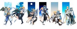 1boy 1girl age_progression asymmetrical_wings bandana blonde_hair blue_hair couple dizzy_(guilty_gear) dress feathered_wings guilty_gear guilty_gear_2 guilty_gear_strive guilty_gear_x guilty_gear_xrd guilty_gear_xx highres holding_hands husband_and_wife ky_kiske looking_at_another nishimoto queen_dizzy ribbon smile tail tail_ornament tail_ribbon wings yellow_ribbon
