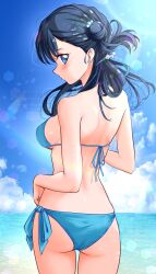 1girl ass back beach bikini blue_bikini blue_eyes blue_hair blush breasts day hair_bun highres hugtto!_precure kakikakilemon long_hair looking_at_viewer looking_back medium_breasts outdoors precure sand smile solo swimsuit water yakushiji_saaya