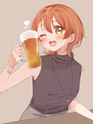 1girl aged_up alcohol arm_on_table beer beer_mug black_shirt blush bracelet brown_background cup earrings hair_between_eyes heart highres holding holding_cup hoshizora_rin jewelry looking_at_viewer love_live! love_live!_school_idol_project mug necklace one_eye_closed open_mouth orange_hair osono_(osonokichi) shirt short_hair simple_background sleeveless sleeveless_shirt smile solo teeth turtleneck upper_body upper_teeth_only yellow_eyes