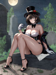 1girl black_bow black_bowtie black_dress black_hair black_hat black_jacket black_panties black_sandals blush bow bowtie bra breasts brown_dust_(series) brown_dust_2 brown_eyes cleavage dress earrings flower full_body full_moon gloves grave graveyard hat hat_flower high_heels highres jacket jewelry knees_together_feet_apart large_breasts lipstick looking_at_viewer makeup moon open_mouth panties red_flower sandals scheherazade_(brown_dust) shadow short_hair sitting solo stiletto_heels thick_thighs thighs toes tombstone top_hat underwear user_nyjx7282 white_bra white_gloves