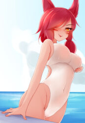 1girl alternate_costume animal_ears arm_at_side ayatori_(aytr) blue_sky blush breasts cameltoe closed_mouth covered_erect_nipples covered_navel cowboy_shot day dot_nose eyelashes facial_mark female_focus from_below from_side grabbing_own_breast hair_over_one_eye large_breasts league_of_legends long_hair looking_at_viewer looking_down looking_to_the_side low_ponytail naughty_face ocean one-piece_swimsuit outdoors ponytail red_hair side_ponytail sky smile solo standing swimsuit tongue tongue_out variant_set vastaya water white_one-piece_swimsuit xayah yellow_eyes