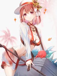 Rule 34 | 1girl, absurdres, bikini, blush, breasts, clear glass (mildmild1311), cleavage, closed mouth, cooler, fire emblem, fire emblem engage, fire emblem heroes, fish, flat cap, flower, harpoon, hat, highres, holding, holding harpoon, jacket, jewelry, lapis (fire emblem), lapis (forager of the sea) (fire emblem), medium breasts, multicolored bikini, navel, necklace, nintendo, octopus, official alternate costume, pink eyes, pink hair, red bikini, see-through clothes, see-through jacket, short hair, smile, solo, stomach, sunflower, swimsuit, tackle box, thighs, two-tone hat, wet, white hat, white jacket