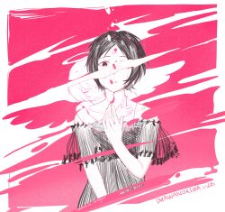 2girls absurdres angel angel_wings bare_shoulders black_dress black_hair border chinese_commentary closed_eyes commentary_request crying crying_with_eyes_open dated dress falling_feathers feathers halo hand_on_another&#039;s_arm hand_up highres hug hug_from_behind imawa-san_(iyowa) imawanokiwa_(vocaloid) implied_death iyowa_girls jiyuuu_(liye8049) looking_at_viewer mother_and_daughter multiple_girls off-shoulder_dress off_shoulder parted_bangs parted_lips pill pink_background see-through_body short_hair smile song_name straight-on tears upper_body white_border wings