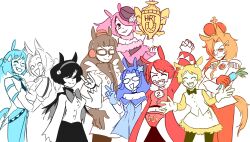 Rule 34 | 6+girls, :3, \n/, absurdres, animal ears, bandaid, bandaid on face, bare shoulders, belt, black bow, black dress, black gloves, black hair, black necktie, black stripes, black thighhighs, blonde hair, blue dress, blue gloves, blue hair, blue pants, blush, bow, bracelet, breasts, brown coat, brown hair, bullet&#039;n board, buttons, carrot, censored, cleavage, closed eyes, coat, comely material morning (horse race tests), cross, crown, cyan (horse race tests), door knob (horse race tests), downtown skybox, dress, earphones, fez hat, flame print, fluffy collar, glasses, gloves, goggles, grey bow, grey eyes, group picture, hair ornament, hair over eyes, hair over one eye, hand on own hip, hand up, hat, hat feather, high collar, highres, holding, holding carrot, holding trophy, horse ears, horse race tests, horseshoe, jacket, jewelry, jovial merryment, long hair, long sleeves, looking at viewer, medal, medium breasts, midriff, military uniform, multicolored jacket, multiple girls, navel, necklace, necktie, no pants, orange eyes, orange hair, orange tail, outstretched arms, panties, pants, pink hair, pink sleeves, red coat, red gloves, red hair, red panties, red pants, red shirt, resolute mind afternoon, sharp teeth, shirt, short hair, shoulder pads, sign, simple background, small breasts, smile, smug, star (symbol), star hair ornament, starlinkman, striped clothes, striped dress, superstitional realism, teeth, thighhighs, trophy, two-tone dress, two-tone jacket, underwear, upper body, upper teeth only, v, vertical-striped clothes, vertical-striped dress, white background, white bow, white coat, white dress, white hair, white shirt, white sleeves, yellow (horse race tests), yellow sleeves