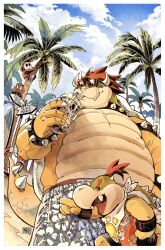 2boys 2others armlet bara beach bib blue_shorts blue_sky bowser bowser_jr. bracelet closed_mouth cloud cloudy_sky coconut_tree collar commentary cup disposable_cup drinking_straw drinking_straw_in_mouth english_commentary english_text fang fang_out fangs father_and_son furry furry_male goomba highres holding holding_cup jewelry looking_to_the_side mario_(series) multiple_boys multiple_others ngmanhho nintendo palm_tree red_hair shorts shy_guy signature sky spiked_armlet spiked_bracelet spiked_collar spiked_shell spiked_tail spikes sunglasses tail tree