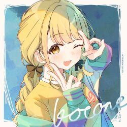 1girl ;d absurdres black_bow blonde_hair blush bow braid character_name commentary double_v fang fujita_kotone furai_sachi gakuen_idolmaster hair_bow highres idolmaster jacket long_hair looking_at_viewer multicolored_jacket one_eye_closed open_mouth shirt skin_fang smile solo twin_braids upper_body v v_over_eye yellow_eyes yellow_shirt