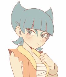 Rule 34 | 1girl, aqua eyes, aqua hair, arm warmers, bandaged chest, blunt bangs, brown vest, closed mouth, coin (pokemon), frown, hand up, highres, light blush, nakikot t, nintendo, pokemon, pokemon legends: arceus, simple background, solo, upper body, vest, white background