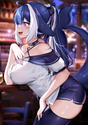1girl :d ahoge bare_shoulders blue_choker blue_hair blue_thighhighs breasts choker commentary facial_mark fangs from_side heart heart-shaped_pupils heart_ahoge highres indie_virtual_youtuber indoors large_breasts long_hair off_shoulder open_mouth ponytail purple_eyes shirt short_sleeves shylily smile solo squchan standing symbol-shaped_pupils tail thighhighs thighs virtual_youtuber white_shirt