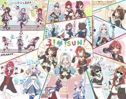 3girls aa_subarashiki_nyansei_(vocaloid) ange_katrina ange_katrina_(1st_costume) animal_ears animal_hair_ornament ankle_boots apron armband beret black_coat blue_armband blue_cape blue_eyes blue_gloves blue_hair blue_hat blue_neckerchief blue_ribbon blue_shirt blue_shorts blue_skirt blue_socks blue_thighhighs blunt_bangs boots bow braid brown_hair brown_kimono brown_sash brown_tail buttons cape cardigan cat_ears coat collared_shrug colored_inner_hair commentary_request dancing dog_ears dog_girl dog_tail double-breasted double_v dress flower frilled_skirt frilled_sleeves frills gloves gold_trim hair_bow hair_flower hair_intakes hair_ornament hat headset heart_frame high-waist_skirt high_heel_boots high_heels highres idol_clothes inui_toko inui_toko_(1st_costume) jacket japanese_clothes kimono layered_shirt layered_skirt legwear_garter lize_helesta lize_helesta_(1st_costume) long_hair long_sidelocks long_skirt long_sleeves low_twin_braids low_twintails maid_headdress matching_eyewear medium_hair miniskirt multicolored_eyes multicolored_hair multiple_girls multiple_views neckerchief nijisanji nijisanji_idol_uniform number_glasses obi obiage obijime off_shoulder partially_translated pink_eyes pleated_skirt puffy_long_sleeves puffy_sleeves purple_eyes recap red_cape red_cardigan red_eyes red_hair red_ribbon red_skirt ribbon ruru_yui_joji sanbaka_(nijisanji) sanbaka_anniversary_outfit sash shirt shirt_tucked_in short_dress short_sleeves shorts shrug_(clothing) side_cape sidelocks skirt sleeve_cuffs socks song_name speech_bubble star_(symbol) streaked_hair sunglasses tail thighhighs tiara translation_request turing_love twin_braids twintails twitter_username two-sided_cape two-sided_fabric two-tone_eyes two-tone_hair v very_long_hair virtual_youtuber waist_apron watermark white_apron white_boots white_bow white_dress white_hair white_headdress white_jacket white_shirt white_shrug white_skirt wrist_ribbon zettai_ryouiki