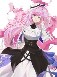 1girl ;) absurdres blue_eyes breasts chinese_commentary commentary_request dress elysia_(honkai_impact) elysia_(sweet_memories)_(honkai_impact) hat highres honkai_(series) honkai_impact_3rd long_hair looking_at_viewer medium_breasts official_alternate_costume one_eye_closed pink_hair smile solo tilted_headwear very_long_hair white_dress white_hat yilin550
