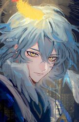 1boy blue_hair closed_mouth commentary_request double-parted_bangs feathered_wings feathers hair_between_eyes head_wings highres honkai:_star_rail honkai_(series) looking_at_viewer lower_eyelashes_only male_focus portrait sanpaku solo sunday_(honkai:_star_rail) twitter_username upper_body wings xo_5ss yellow_eyes