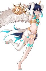 1boy absurdres blue_hair braid bridal_gauntlets censored commentary crop_top feathered_wings flower genshin_impact gradient_hair hair_flower hair_ornament highres leg_tattoo looking_at_viewer male_focus midriff multicolored_hair nail_polish parted_bangs sleepy_(mu68968) solo standing standing_on_one_leg star_censor tattoo trap twin_braids venti_(archon)_(genshin_impact) venti_(genshin_impact) white_background wings