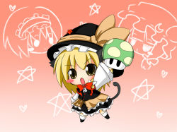 1-up_mushroom 1girl 1up alice_margatroid animal_ears blonde_hair blush cat_ears cat_tail chibi hat heart kirisame_marisa long_hair meme mushroom open_mouth orange_background patchouli_knowledge ribbon ritateo star_(symbol) super_marisa_world tail touhou v-shaped_eyebrows yellow_eyes