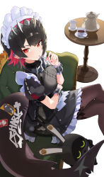 1girl absurdres black_hair blush breasts candy colored_inner_hair commentary crossed_legs cup ellen_joe english_commentary fins fish_tail food frilled_wristband hair_ornament hairband highres holding holding_candy holding_food holding_lollipop knbd lollipop looking_at_viewer maid maid_headdress medium_breasts metal_hairband mole mole_under_eye multicolored_hair pantyhose red_eyes red_hair red_nails scar scar_on_tail shark_girl shark_tail short_hair simple_background sitting solo spiked_headband tail teacup teapot two-tone_hair white_background zenless_zone_zero