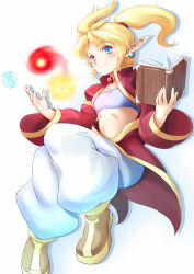 1girl blonde_hair blue_eyes blush book closed_mouth collarbone earrings full_body holding holding_book jewelry long_hair looking_at_viewer m.u.g.e.n magic no~ma pointy_ears ponytail rucheca simple_background smile solo white_background